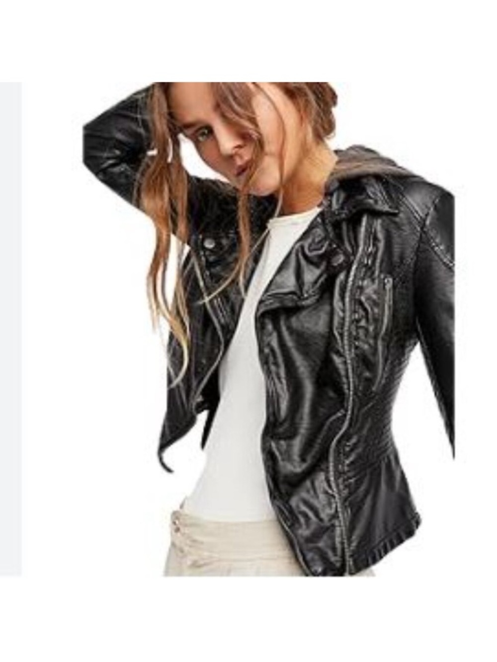 Free People NWT Vegan Leather Moto Biker Jacket Faux Leather Coat Black 6 Medium - Picture 2 of 3